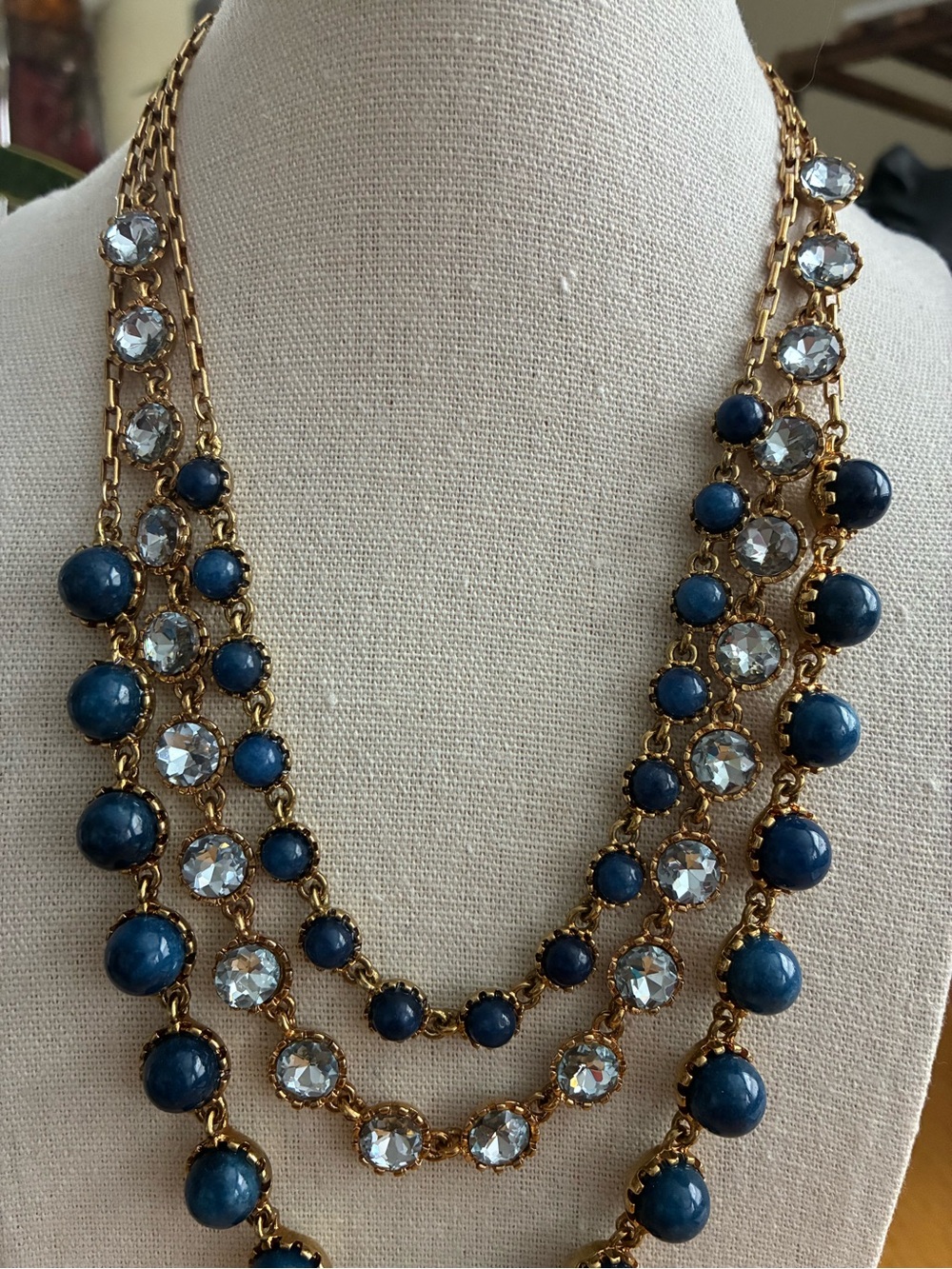 Three-Strand Gold Necklace with Navy Beads and Clear Crystals - Picture 2 of 6